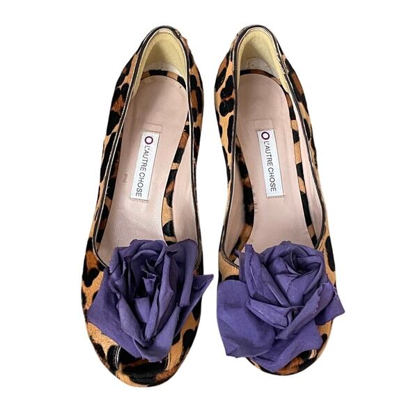 L’Autre Chose Leopard Print Calf Hair Leather Heels Platform Peep Toe Flower - Picture 3 of 10